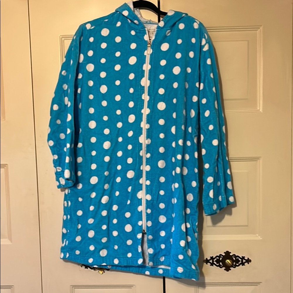 Anne Lewin Hooded Blue Polka Dot Swim Coverup/Robe With Pockets